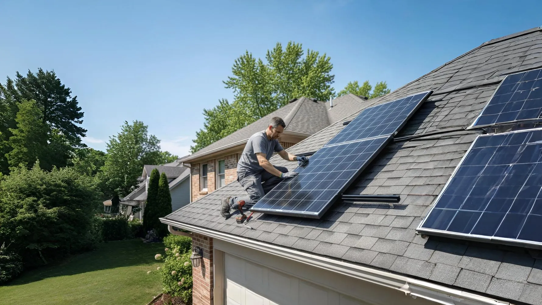 Installing a solar panel on the roof of a house