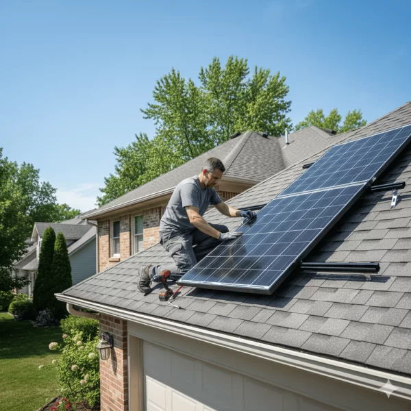 installing a solar panel on the roof of a house